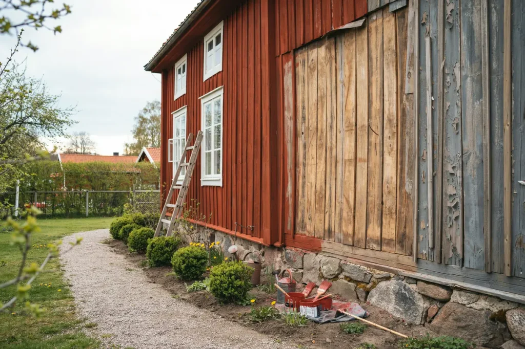 m la tr fasad i falu r df rg r tt underarbete och sk tsel f r ett vackert hus som h ller l nge